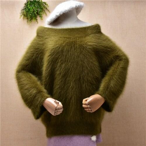Top quality female women hairy mink cashmere knitted long flare sleeves slash neck loose pullover angora fur jumper sweater pull