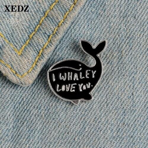 XEDZ black whale enamel pin I love you fishtail brooch shirt lapel bag badge funny simple cartoon animal jewelry friend gift