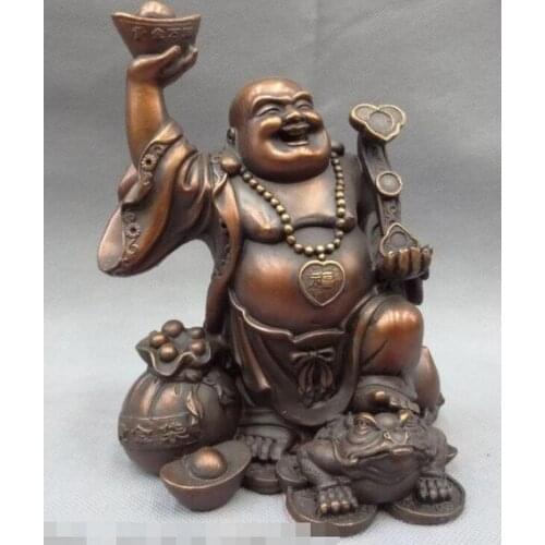 YM 321 Chinese Pure Bronze YuanBao Coin Bag RuYi Happy Maitreya Buddha Statue