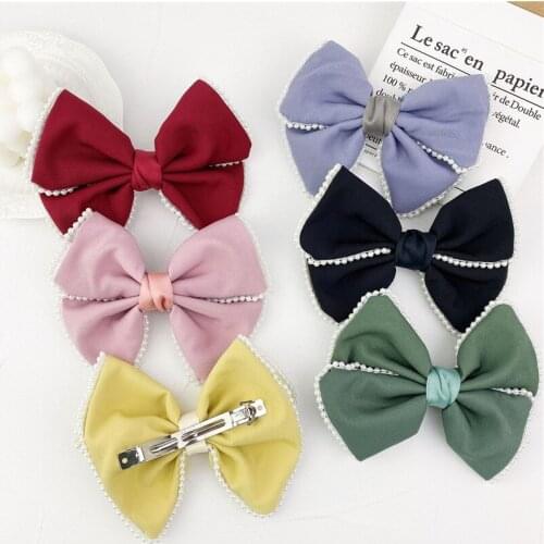 Solid Color 5 Inch Big Hair Bows for Girls French Hair Clips Pearls Brim Bowknot Hairgrips Fashion Women Hair Accessories