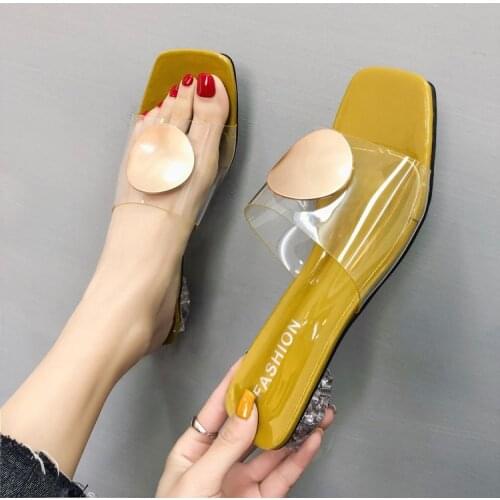 Womens shoes outside new style square button transparent plastic fashion thick-heeled crystal slippers in the summer of 2019