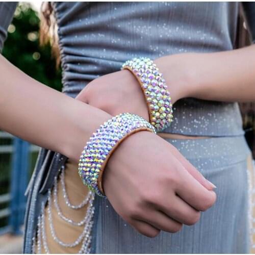 Women Rhinestone Bracelet Bangle Crystal Jewelry Shine Belt Earrings Set Belly Dance Costume Accessory Bling Bling