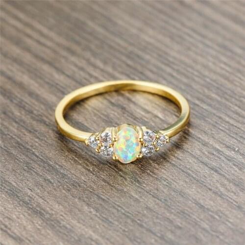 Boho Female White Opal Oval Stone Ring Round Crystal Small Zircon Engagement Ring Dainty Gold Color Thin Wedding Rings For Women