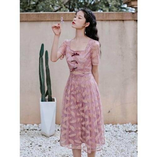 Purple Bow Sweet Girl Dress Women 2021 Summer New Fashion Chic Square Collar Lady High Waist Hollow Sexy Elegant Dress Female