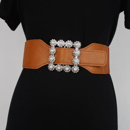 2021 Women Dress Belts Pearl Square Buckle Stretch Waistband Winter Spring Ladies Wide Elastic PU Waist Belt Corset Decoration