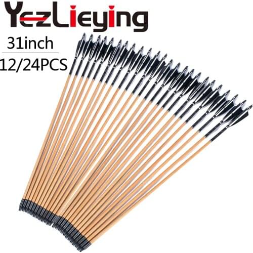 6/12/24pcs Archery Crossbow Handmade Wooden 80cm Arrows Turkey Feathers 25-50lbs Hunting Archery Shooting Outdoor