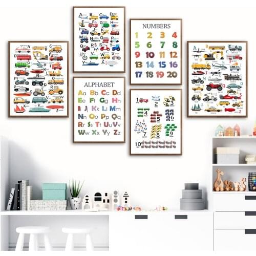 Numbers Alphabet Cars Airplane Ships Nursery Educational Canvas Painting Nordic Posters And Prints Wall Pictures Kids Room Decor