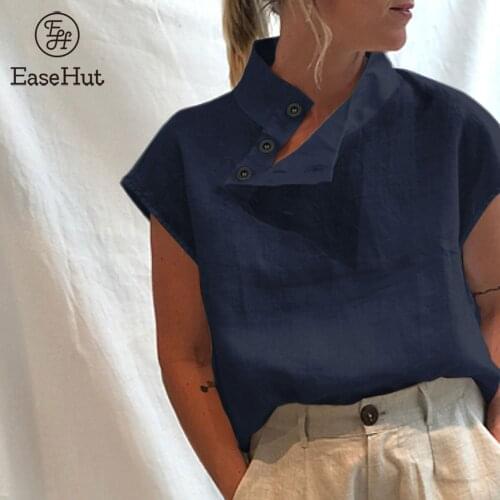 EaseHut Women Cotton Blouse Stand Collar Buttoned Side Short Sleeve Plus Size Casual Fashion Loose Tunic Tops Solid Tops Summer