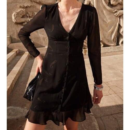 [ElfStyle] - Black Printed Viscose Mini dress V-neck Front Lined Buttons Long Sleeves Ruffled Hem Fashion short dress 2020