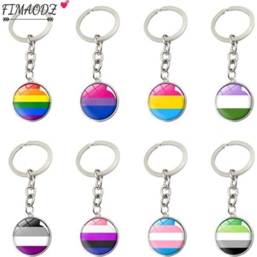 FIMAODZ LGBT Gay Pride Keychain Rainbow Flags Glass Cabochon Metal Pendant Car Key Chain Key Ring For Men Women