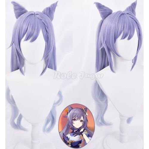 Game Genshin Impact Keqing Cosplay Wigs Ponytail Mixed Purple Wig with Ears Halloween Heat Resistant Synthetic Hair C66M49