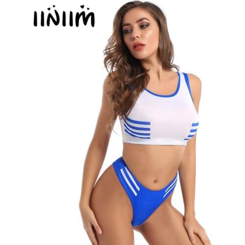 Iiniim Womens Femme Japanese Schoolgirl Lingerie Sexy Costumes Clubwear Vest Crop Top with Crotchless Sissy Briefs Underwear