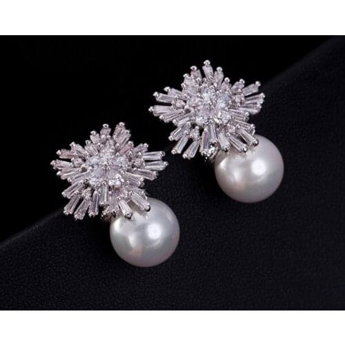 Earring clips no pierced ear clips AAA cubic zirconia and white pearl fashion big earrings wedding bridal dress