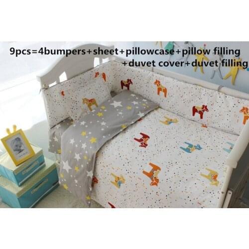 9PCS Full Set Baby bedding set kit de berço Bed Bumper Room Decor sheet Children bedding set,4bumper/sheet/pillow/duvet