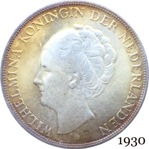 Netherlands 1930 2½ Gulden Wilhelmina I WILHELMINA KONINGIN NEDERLANDEN Cupronickel Silver Plated Copy Coin With Letter Edge