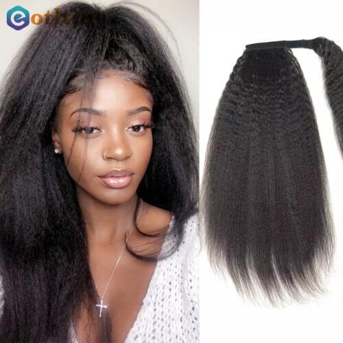 Corn Wavy Long Ponytail Hairpiece Wrap on Clip Hair Extensions Afro Puff Pony Tail Hair Kinky Natural Black Color Heat Resistant