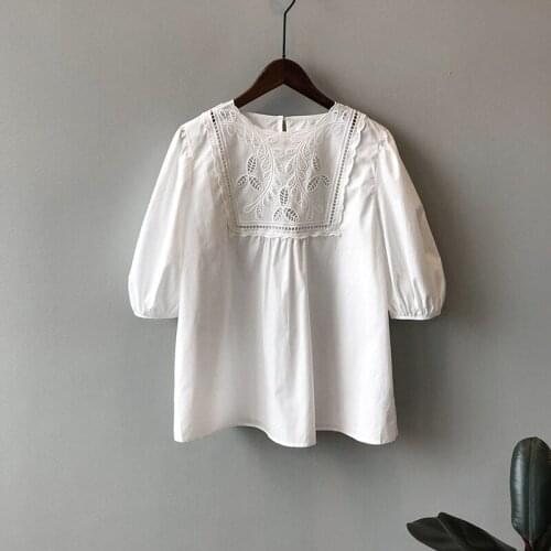 2020 Summer O-Neck Puff Sleeve Hollow Out White Blouses Vintage Women Cotton Shirt Blusas Roupa Feminina