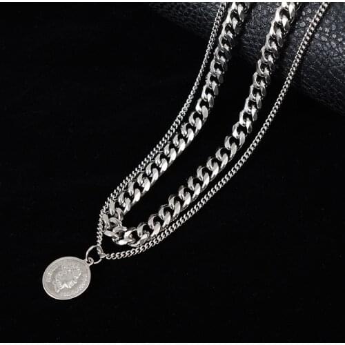 Fashion hip hop titanium steel necklace womens double retro style accessories ladies personality simple pendant hot sale