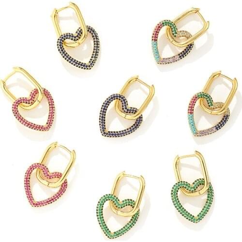 Fashion hip-hop ladies heart-shaped earrings color zircon micro-inlaid earrings cross-border earrings wholesale