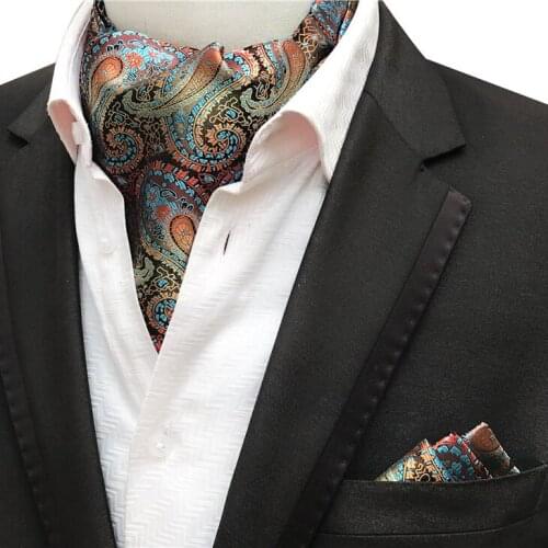 Men Ascot Neckerchief Set Formal Scarf with Pocket Square Sets for Wedding Dinner