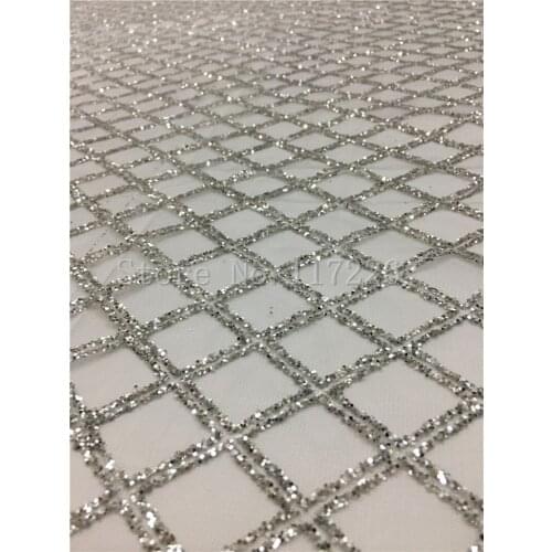Newest african silver color tulle mesh fabric sparkly JRB-81107 glued glitter sequins lace fabric