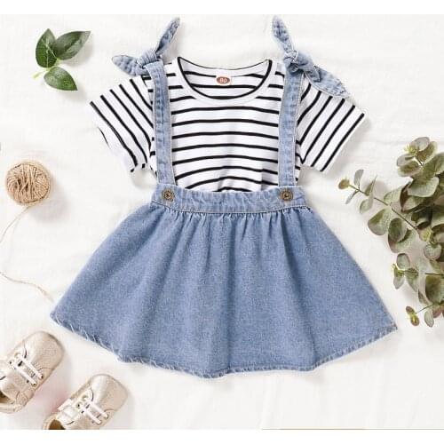 NEW Summer Baby Girls Clothes Casual Striped T-shirt Top Denim Skirts Girls' Clothing Sets 1-4Y