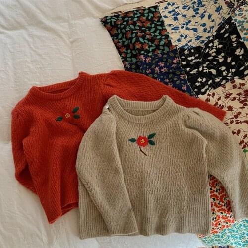 New 2021 Autumn Baby Girls Knitted Sweaters Embroidery Floral Korean Style Pullovers Tops Children Cute Sweater