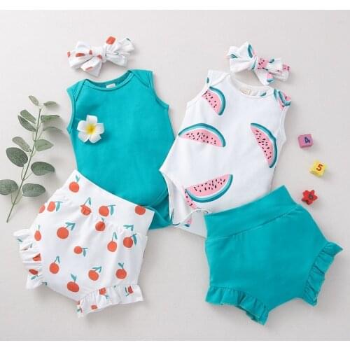 0-3Y Newborn Baby Boy Girl Clothes Sets Watermelon Print Sleeveless Bodysuit Tops Shorts Pant Bloomers Headband 3PCS