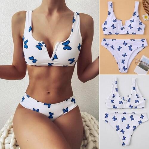 Kili Sexy Butterfly Print V Neck Thong Bikini Women Swimwear Female Swimsuit Set Bathing Suit Swim