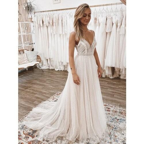 Spaghetti Straps Beach Seaside Wedding Dresses Dotted Tulle Princess V-Neck Bridal Gowns Backless Cut-Out Lace Vestido De Noiva