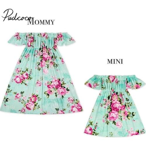 Pudcoco Family Matching Outfits Mother Daughter Clothes Off Shoulder Short Sleeve Long Dress Outfits Helen115