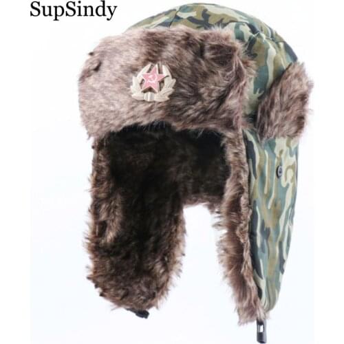 SupSindy Soviet Badge Camouflage Ushanka Men&Women Winter Bomber Hats Pilot Faux Fur Earflap Trapper Trooper Hat Russia Snow Cap