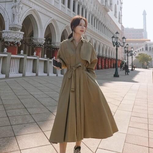 NSMW MI Windbreaker Womens Lace-up Tight Waist Spring Autumn Clothing 2021 New Long Sleeve Fashion Casual Long Dress F06
