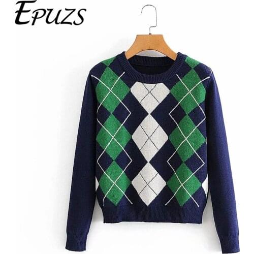 Vintage geometric knittted sweater women pullovers 2020 fashion long sleeve knit top casual o neck korean sweater