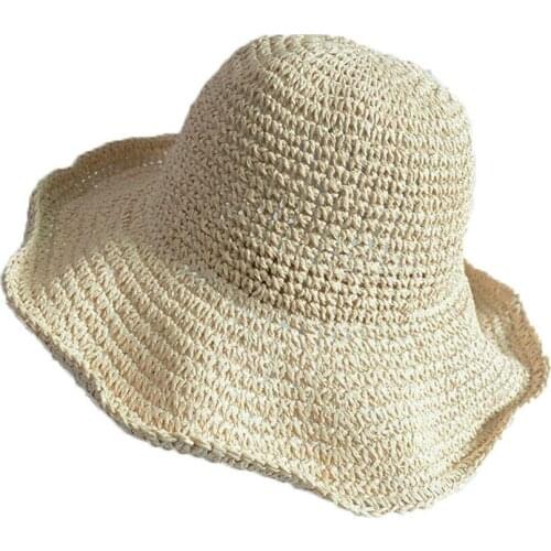 Women Ladies Summer Boho Fashionable Wide Brim Beach Foldable Bow Flower Straw Sun Hat Cap Beige Khaki