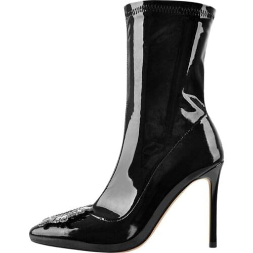 Onlymaker Woman Thin High Heel Ankle Boots Pointed Toe Sun Shape Crystal Decoration Minimalistic Stretch Lady Shoes Leg Lengthen