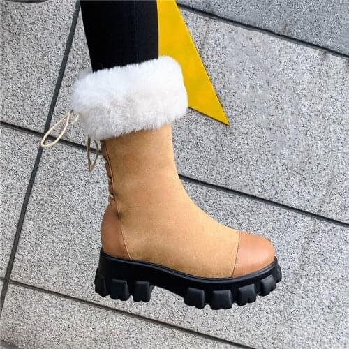 YMECHIC Fashion Cross Tied Back Lace Up Block High Heels Winter Yellow Black Snow Boots Warm Plush Mid Calf Boot Woman Shoes