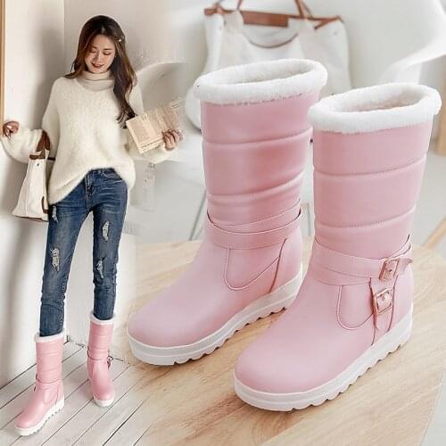 YQBTDL Plush Warm Mid-calf Snow Boots Womens 2021 Casual Winter Wedge Long Booties Outdoor Shoes Big Size 34-42 White Pink Black