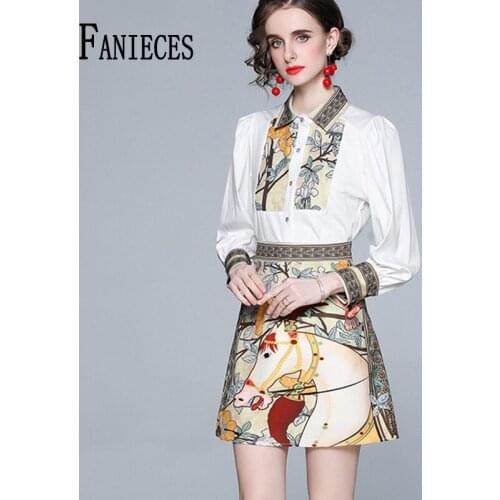 Fashion Runway Summer Shorts Skirt Suit Womens Long Sleeve Blouse Shirt And Mini Skirt Two Pieces Set Lady Set 2 Pcs ropa mujer