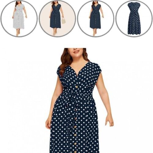 Summer Casual Polka Dot Print Waist Tied Dress Women Summer Dress Bandage for Prom
