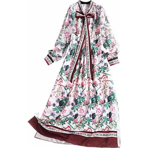 PERHAPS U Women Pink Green Indie Folk Floral Print Chiffon Bow Collar Ruffle Empire Long Sleeve Long Holiday Dress Spring D2235