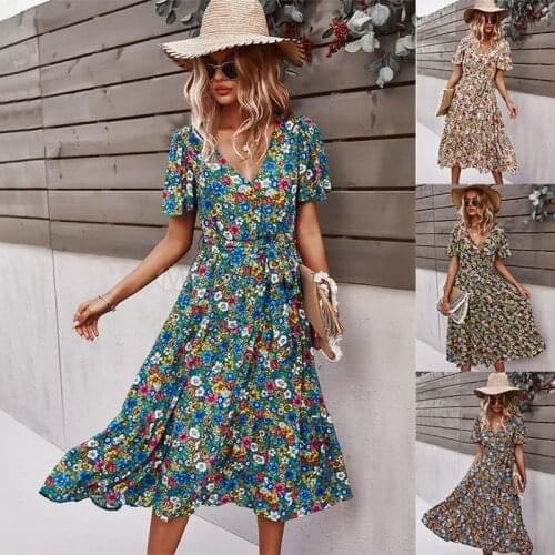 2021 Bohe Chiffon Floral Print Dress Women Summer V Neck Short Sleeve Holiday Casual Dresses Female Slim A-line Midi Dress