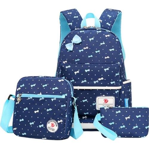 3pcs/set Women Backpack Bow Printing Canvas School Bags For Teenager Girls Preppy Style Rucksack Cute Book Bag Mochila Feminina