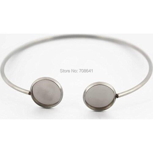 60x70mm Stainless Steel Open Cuff Bangle Bracelet with Doulbe 12mm Round Smooth Bezel Blank Cabochons Base Settings DIY Findings