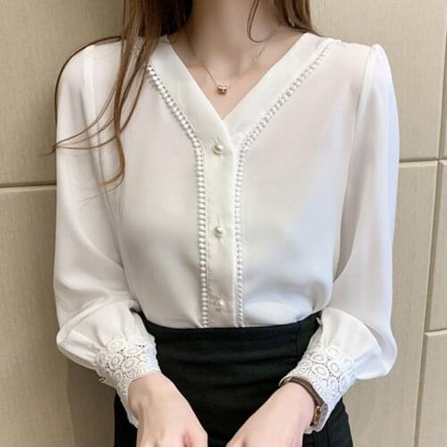 Blusas Mujer De Moda 2021 Blouse Women Long Sleeve White Blouse Women Shirts Beading V-neck Chiffon Blouse Shirt Tops Blusa D387