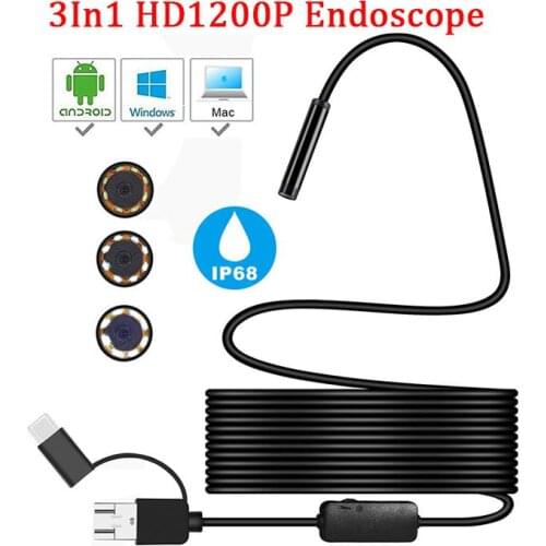 Mini Camera Endoscope HD 1200P IP68 2M Hard Flexible Tube Mirco USB Type-C Borescope Video Inspection for Android Car Endoscope