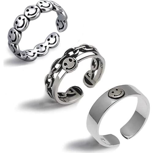 Vintage Ancient Silver Color Happy Face Opening Resizable Rings For Artistic Design Retro Men Grilfriend Party Gifts Кольцо
