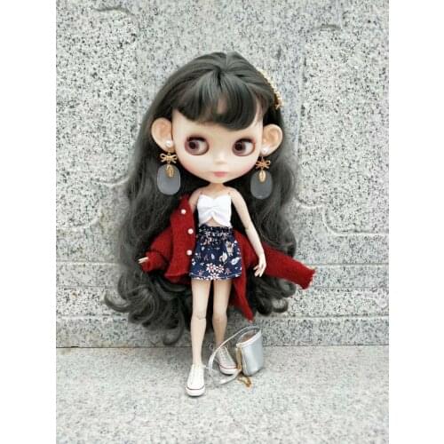 Blythes doll dress 1/6 size fashion white breast wrap + blue floral bud skirt + red woolen coat versatile classic 3 pieces set