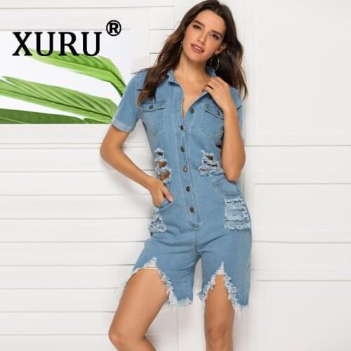XURU summer new womens denim jumpsuit casual wash hole sexy slim denim jumpsuit