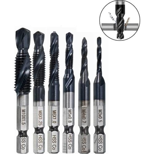 HSS-Co TiAlN Coated HRC89 Combination Drill Tap Bit Set M3-M10 1/4" Hex Shank Deburr Countersink Bits For304 Steel Drilling